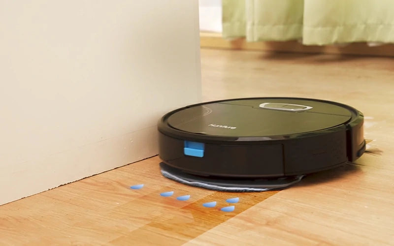Robot aspirador Honiture G20 Pro demostrando sus tres niveles de flujo de agua (bajo, medio, alto) para la función de fregado.
